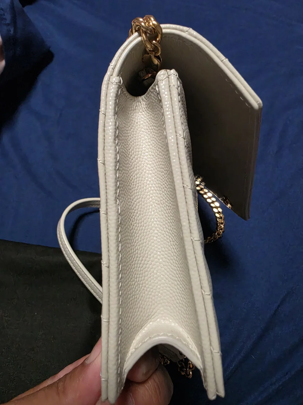 YSL CASSANDRE ENVELOPE CHAIN WALLET IN GRAIN DE POUDRE LEATHER WHITE